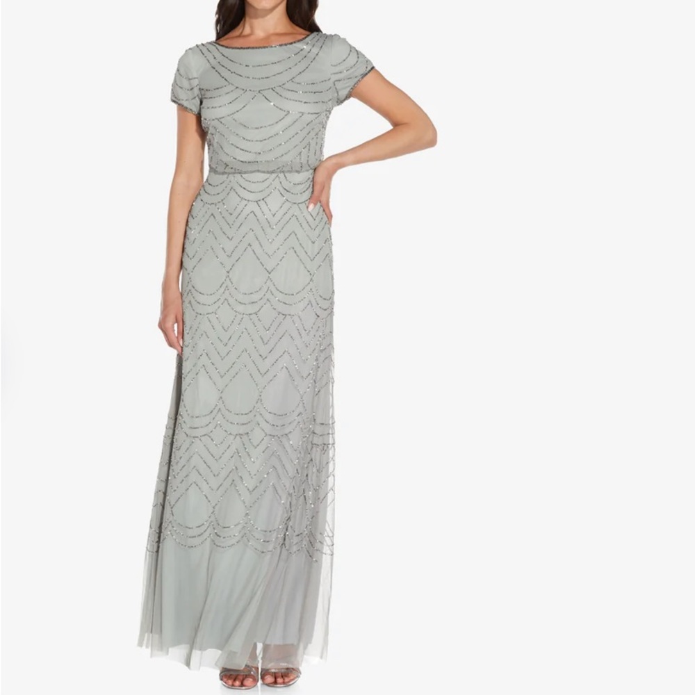 ADRIANNA PAPELL SHORT SLEEVE BEADED BLOUSON GOWN IN BLUE MIST 18.